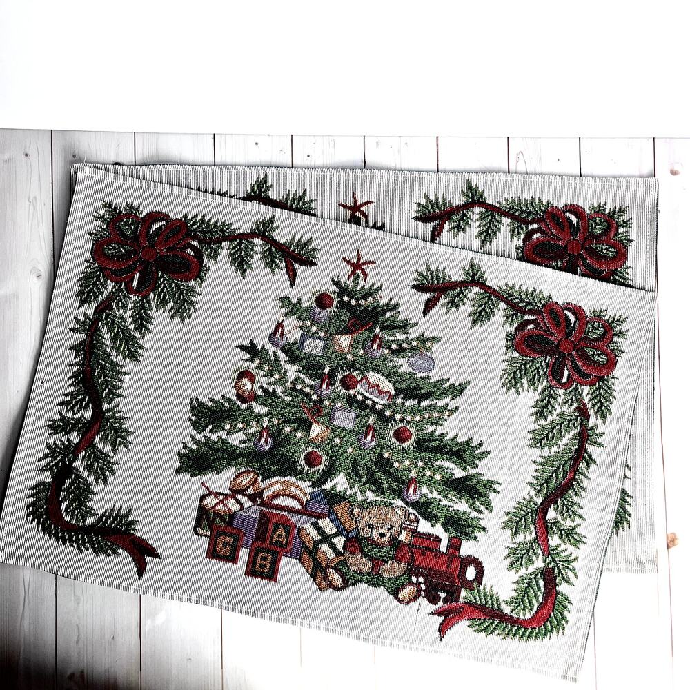 Set of 2 Tapestry Woven Christmas Placemats Tree Toys Teddy Bear Bows 19"x13"